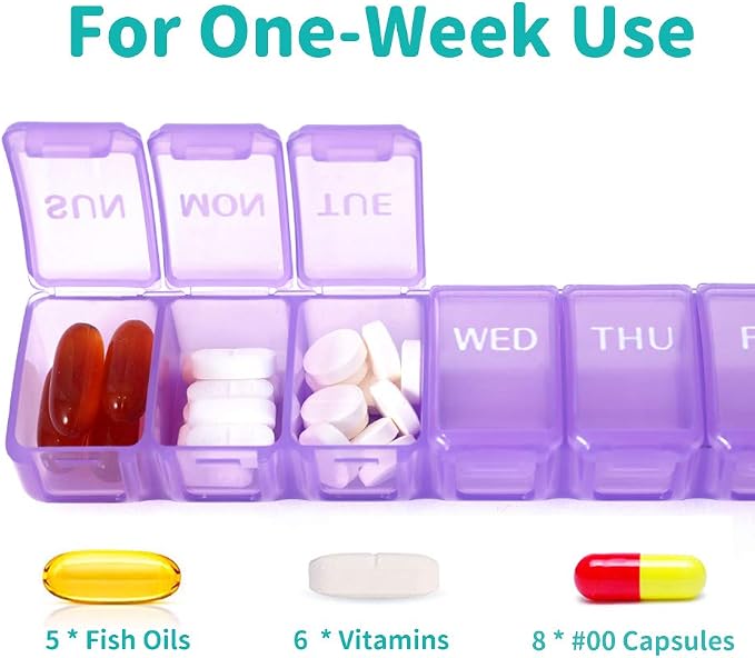 2 PCS Travel Pill Organizer, Small & Lightweight (Purple) | Weekly 7 Day Pill Organizer, Pill Organizer with Labels, Cute Medicine Organizer for Purse, Daily Pill Container