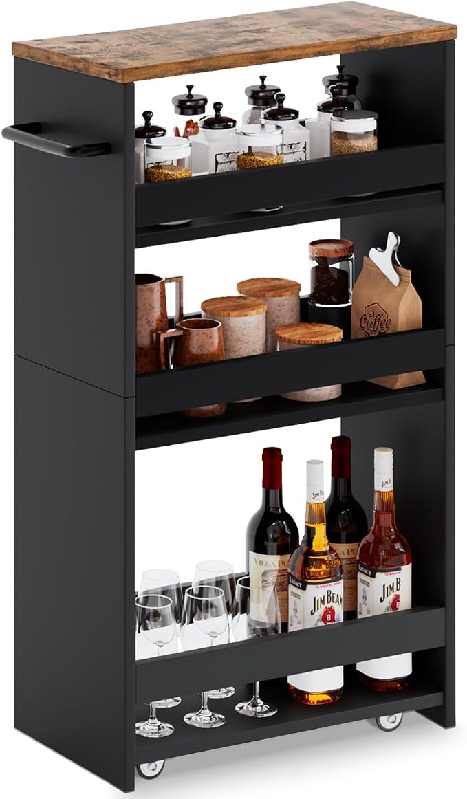 MARTY Slim Rolling Storage Cart 7.9" W Laundry Cart with Wheels,Brown+Black | Narrow Utility Cart Between Washer and Dryer, 3 Tier Mobile Shelving Unit for Kitchen, Laundry, Bathroom, Office, Living Room