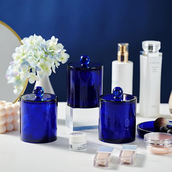 SheeChung 6 Pack Qtip Holder, Blue Acrylic Apothecary Jars for Bathroom | (3) 12oz & (3) 10oz Qtip Holder Set- Shatterproof Bathroom Vanity Organizer for Cotton Swabs, Balls, Pads - Coastal Decor