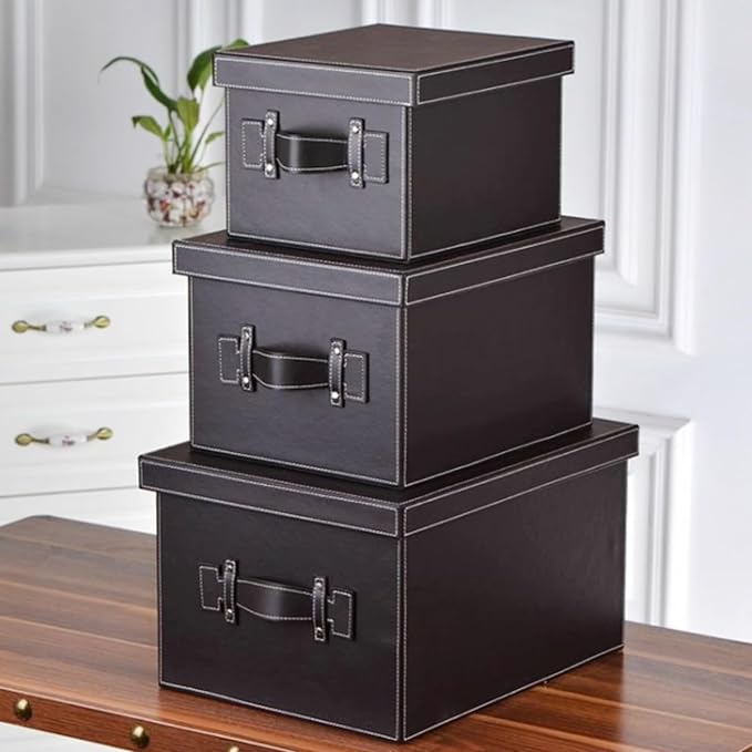 Premium Leather Storage box With lid Reinforced Handle Stackable Multi Purpose Organizer for Home Office Garage Camping Dorm pet Supplies Outdoor Storage Cabinet(Obsidian black,30cm/12in)
