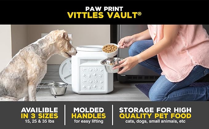 Vittles Vault Vittles Vault Pawprint Food Storage Container + Scoop, 25lbs | BPA Free Plastic, Sealed Airtight for Kibble, Bird Seed, Oatmeal and More; Includes Scoop, Made in USA
