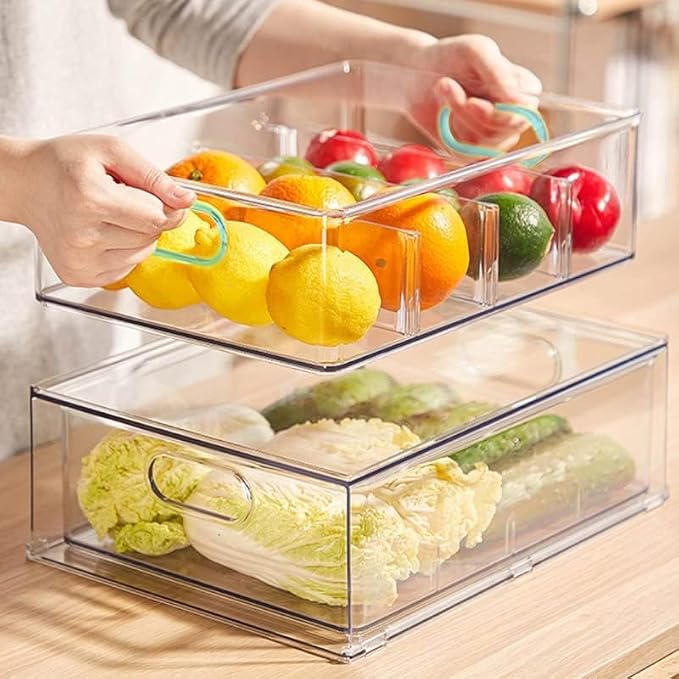 7Pack Clear Fridge Drawer Organizer Pull out Bins Stackable Refrigerator Organizer Bins with Handle for Kitchen Cabinet Organization Divided Produce Saver Container for Fruit Veggie Egg