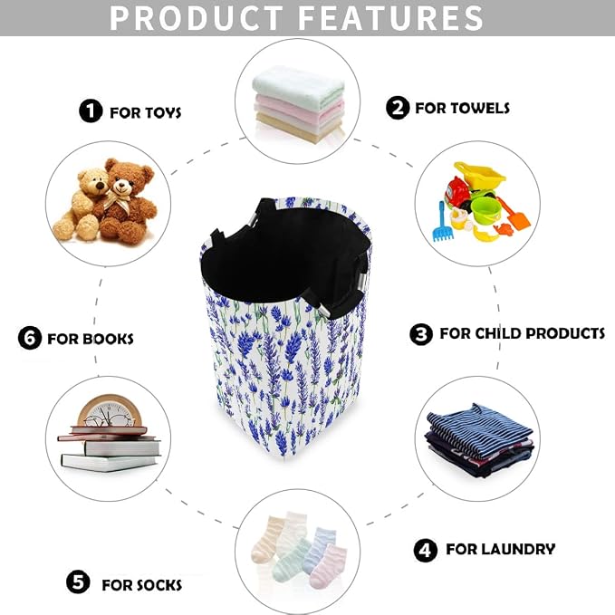 visesunny Collapsible Laundry Basket Purple Lavender Flower Large Laundry Hamper with Handle Toys and Clothing Organization for Bathroom, Bedroom, Home, Dorm, Travel