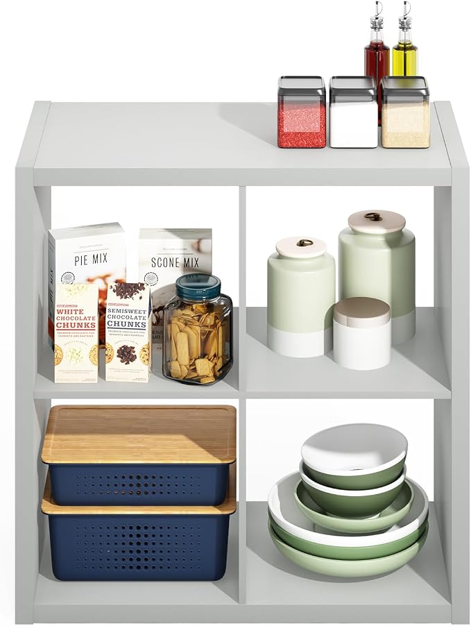 Furinno HERMITE Kitchen Island, 4-Cube Coffee Bar, Extra Thick Kitchen Storage, Bakers Rack, for Pantry Organizers and Storage, Kitchen Organization, Light Grey