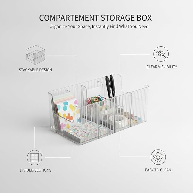 Multipurpose Clear PET Organizer Box with Dividers for Drawers, Desktops, and Cabinets - Versatile Storage Caddy, 10.1 x 5.2 x 3.9 Inches