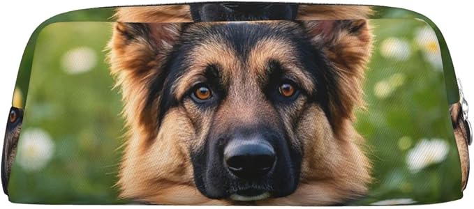 PU Leather Pencil Case Cosmetic Pencil Bags Makeup Pouch with Zipper | Cute Pet German Shepherd Dog Pen Pouch Portable Cosmetic Organizer Bag For Office Woman Man