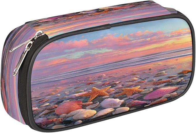 Pencil Case Pouch, Sunset Beach Shell Starfish Large Pen Bag with Zipper, Portable Zipper Pencil Pouch Organizer for Student Teen Girls Boys