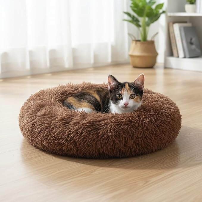 Soft Plush Round Pet Bed for Cats or Small Dogs, Mini Sized Dog Cat Bed | Soft Long Shag Faux Fur, Warming Cushion, Anti Slip Water Resistant Base, Machine Washable for Kittens, Ferret, Bunny Pets