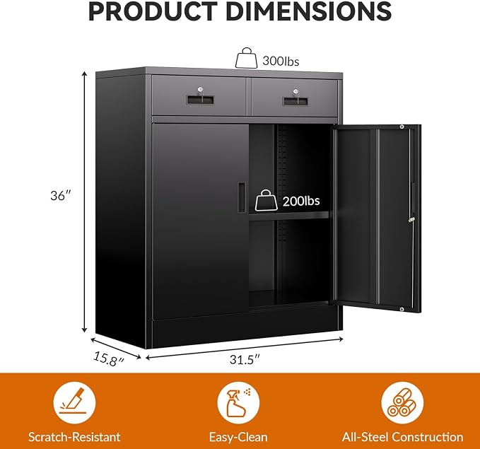 BESFUR Metal Garage Storage Cabinet with Two Lockable Drawers 2 Locking Doors and an Adjustable Shelf, 36" Black Metal Short Storage Cabinet for Home Office,Garage,School,Utility Room