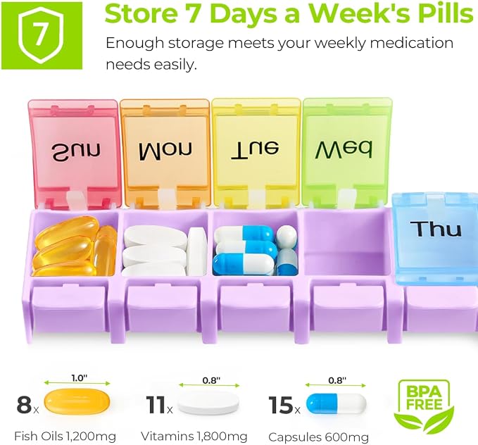 AUVON Weekly Pill Organizer Arthritis Friendly, BPA Free Travel 7 Day Pill Box Case with Spring Open Design and Large Compartment to Hold Vitamins, Cod Liver Oil, Supplements and Medication