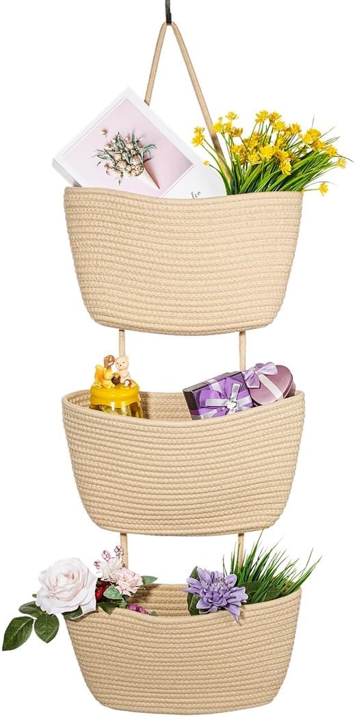 Over the Door Hanging Basket, 3 Tier Cotton Rope Woven Wall Mounted Organizer, Detachable Storage Baskets for Living Room, Bedroom, Bathroom, Door, Wall, Closet, Decorative Home Storage