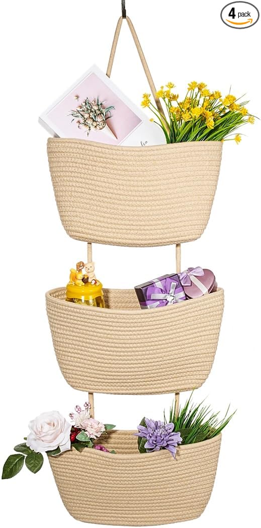 Over the Door Hanging Basket, 3 Tier Cotton Rope Woven Wall Mounted Organizer, Detachable Storage Baskets for Living Room, Bedroom, Bathroom, Door, Wall, Closet, Decorative Home Storage