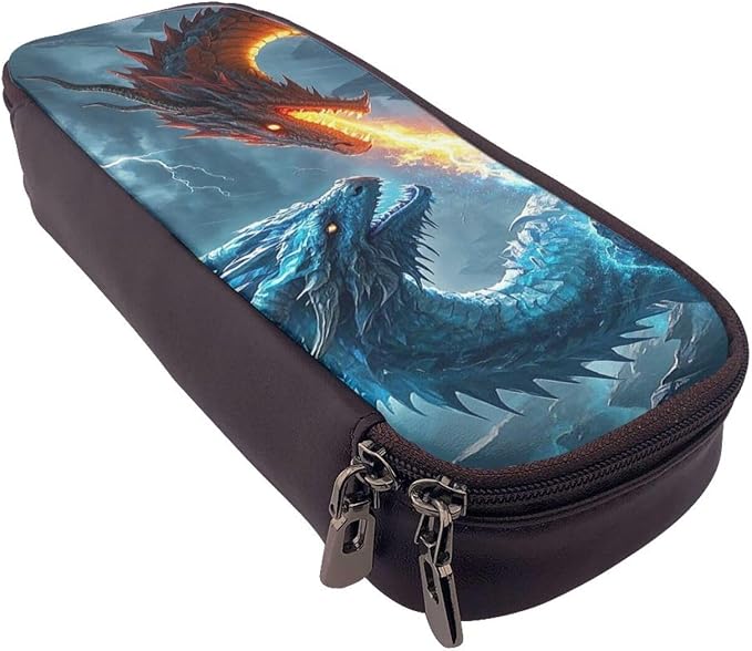 Leather Pen Case with Zipper - Aesthetic Pen Holder Ice Dragon and Fire Dragon Pencil Case for Women & Men - Handcrafted Pencil Bag Multi-Functional Travel Cosmetic Case for Work Office Tool Pouch