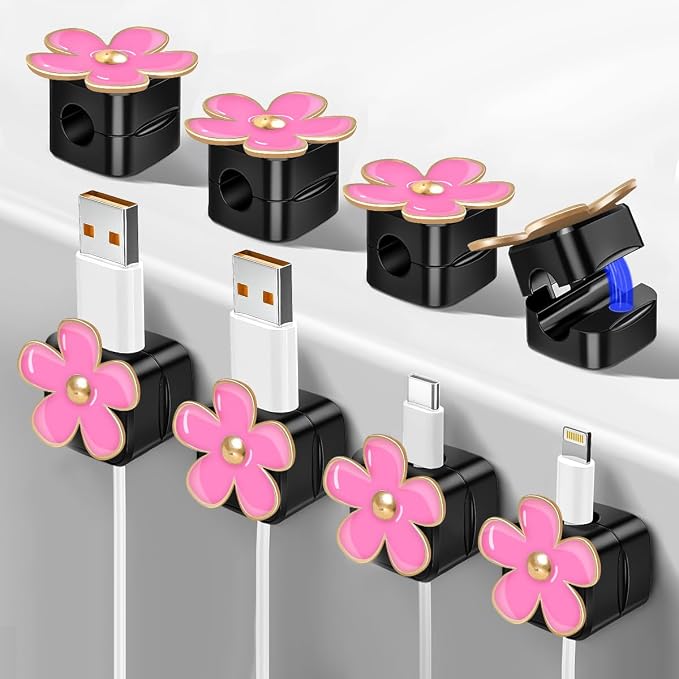 Magnetic Cord Organizer, Easy Secure Adhesive Cable Management, Wire Holder Organizer, Hide Or Organize Phone USB Charger Cable Clips for Home,Office,Car,Desk,Nightstand (Pink Flower-8 Pack)