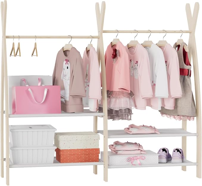 HedoAjim Kids Clothing Rack Dress Up Storage Closet for Girls Baby Garment Wardrobe Toddler Costume Closet with Double Hanging Rod Wood 2 Tier Bottom Storage Shelves (Double Tires)