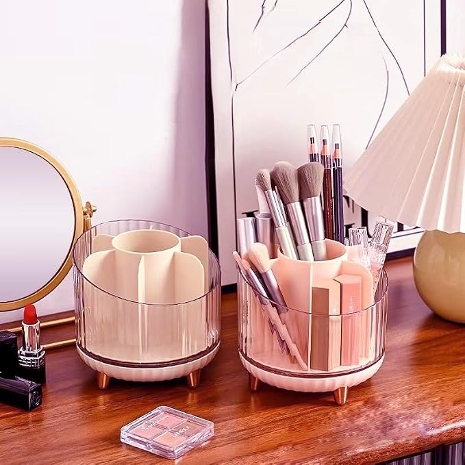 Rotating Desk Organizer with 7 Slots, 360-Degree Pencil Holder, Office Supply Storage for Home, School (Transparent Pink)