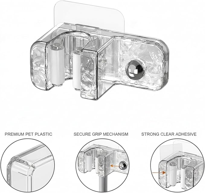 Clear Adhesive Mop Holder for Wall, No-Drill Storage Hook for Brooms & Cleaning Tools, Transparent PET Mount for Bathroom & Kitchen Tile (1 Pack)