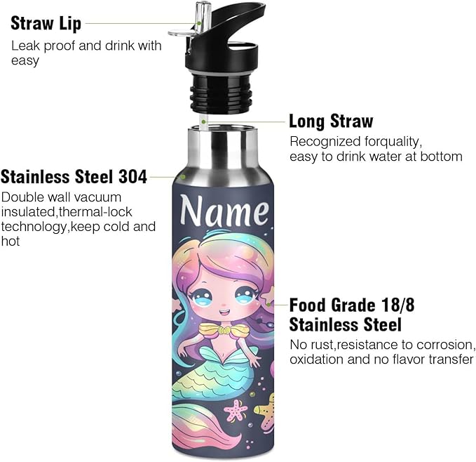 Custom Name Cute Mermaid Water Bottle with Straw Lid Kids Insulated Stainless Steel Water Flask Sports, 20 Oz Hot Cold