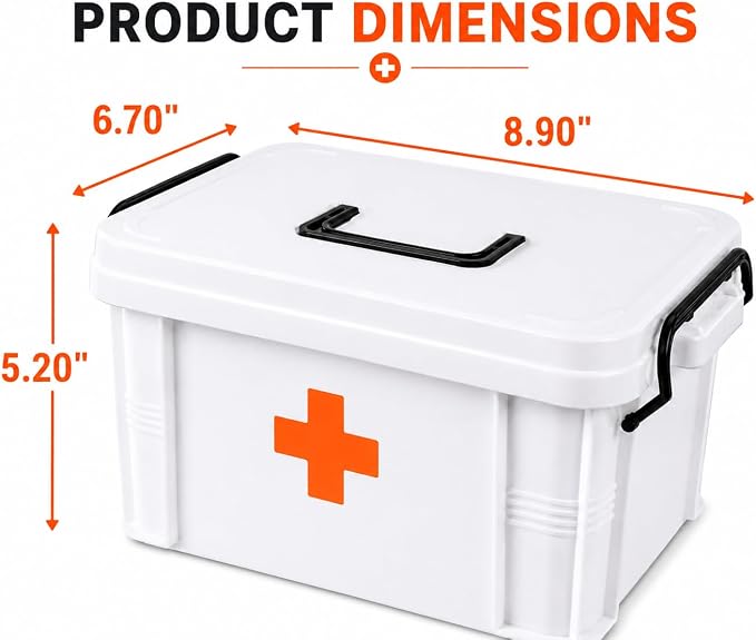 White Small Empty Medical Box for Home Emergency Supplies, Travel, Car, and Dorms – Compact First Aid Box with Handle, Detachable Tray and Locking Lid – Medical Organizer and First Aid Kit Storage
