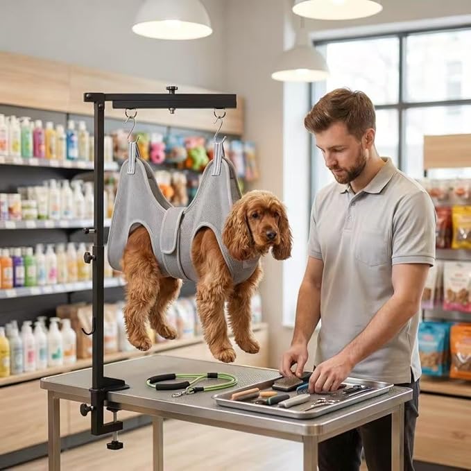 360 Rotatable Dog Grooming Arm with Clamp,Foldable Adjustable Height Dog Grooming Table Arm with Hammock and Restraint Dog Leashes,Pet Grooming for Small Medium Dogs at Home or Salon