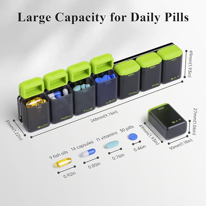 KOVIUU Weekly Pill Organizer, Magnetic Medicine Vitamin Case 1 Time a Day | Week Once Daily Supplement Box, Removable Medication Container Holder for Fridge, 7 Day Large Travel Pill Dispenser, Green