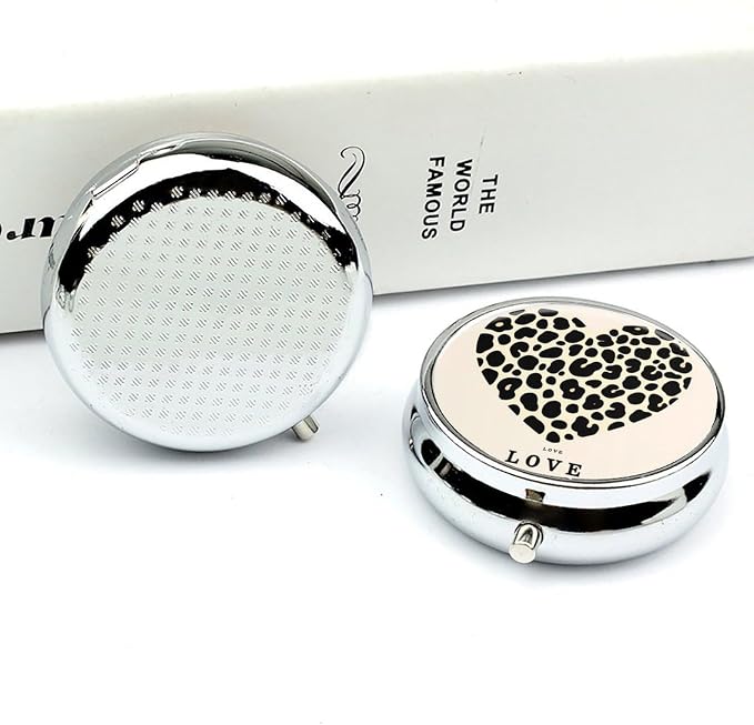 Leopard Print Heart Metal Round Pill Box, 3 Compartment Travel Organizer, Portable Pill Container with Secure Latch, 2 Inch Circular Vitamin Caddy for Pills and Vitamins, Gift for Him Her Elderly