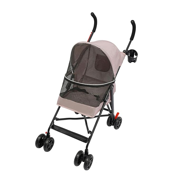 4 Wheels Pet Stroller with Waterproof Cover | Easy-Fold Travel Carrier | Pet Strolling Cart for Small/Medium Dogs and Cat | with Storage Pocket, Cup Holder & Breathable Mesh | for All-Season (Pink)