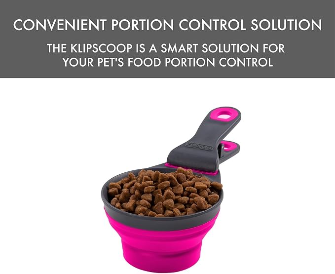 Dexas Popware for Pets Collapsible Klip Scoop, 3-in-1 Pet Food Scoop, Measuring Cup and Bag Clip, 2 Cup Capacity, Fuchsia