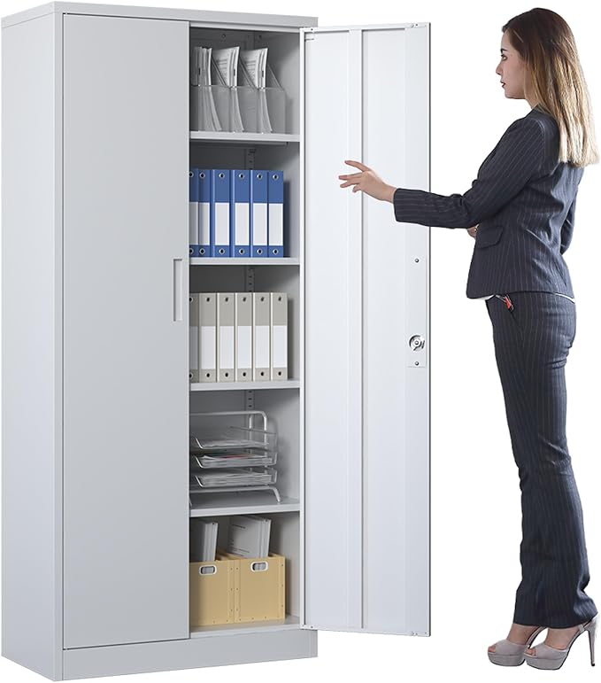 Metal Storage Cabinet for Garage, Tool Cabinet, Utility Cabinet | Tall Tool Cabinet, Lockable, 2 Doors, 4 Adjustable Shelves, Assembly Required, White