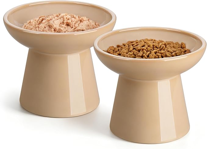 vancasso Elevated Cat Food Bowls 2-Pack, 6.2" Wide Shallow Cat Feeding Bowl for Whisker Fatigue, 5.1" Height Ceramic Raised Food Bowls for Senior Cats, Anti Vomit, Brown
