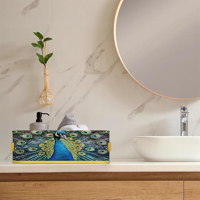 Peacock Beautiful Feathers Bathroom Storage Basket, Foldable with Handle Open Countertop Paper Towel Decorative Box, Toilet Tank Top Shelf Baskets for Home Closet Bedroom Living Room Office
