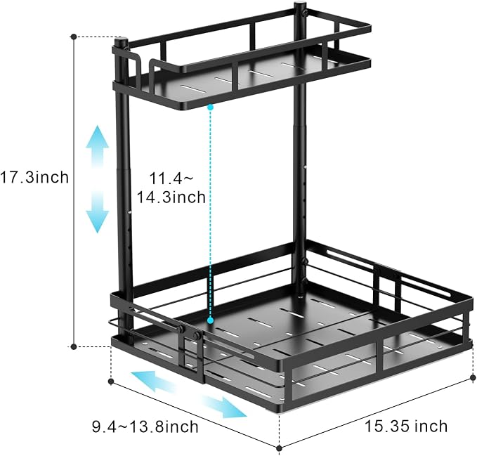iSPECLE Under Kitchen Sink Organizer - L-Shaped Pull Out Shelf, 2 Pack | L-Shaped Fit Around Garbage Disposal, Adjustable Shelves, Pull Out Access, For 30-36 Inch Sink Cabinet, 2 Pack Black