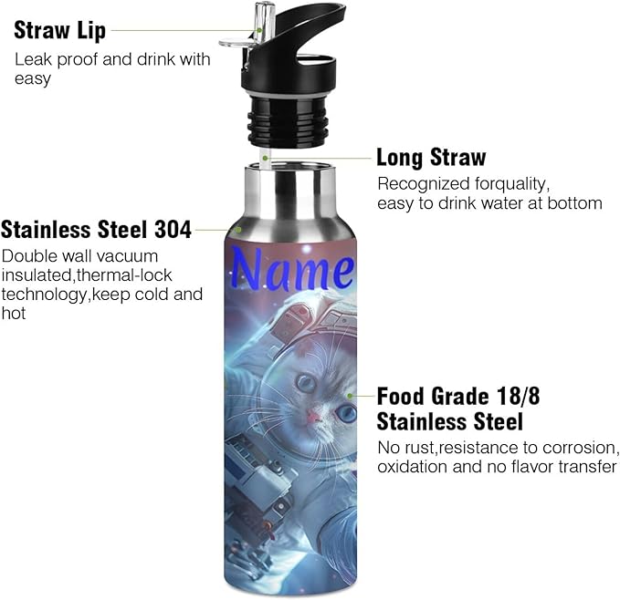 Custom Name Astronaut Cat in Space Water Bottle with Straw Lid Kids Insulated Stainless Steel Water Flask Sports, 20 Oz Hot Cold