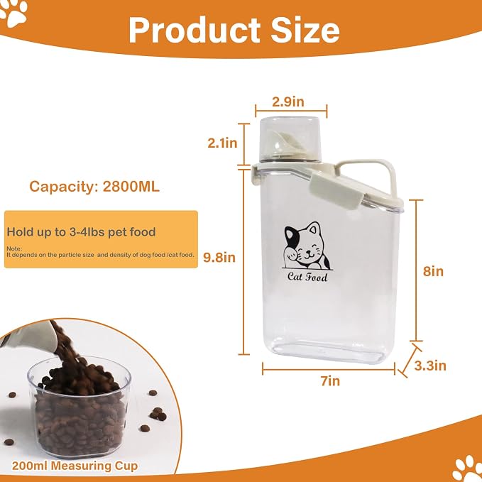 Cat Food Storage Container Airtight |3 Qt/2.8 L Clear Plastic Cat Puppy Food Treats Container with Measuring Cup|Hold up to 3.8 lbs of Pet Food|Portable Food Containers for Travel| BPA Free