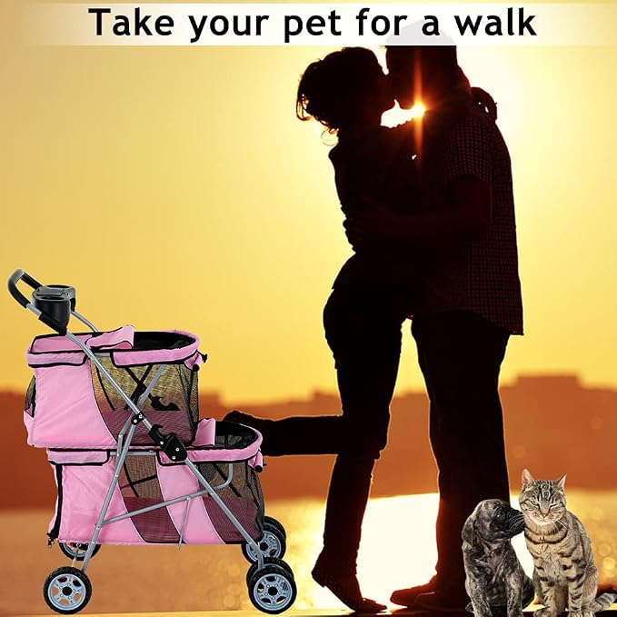 Dkeli 4 Wheel Pet Stroller for Small and Medium Dog Cats, Double Dog Stroller with Cup Holder, Folding Travel Cage for 2 Puppies or Two Kittens, Pink