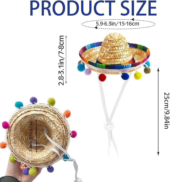 Pet Mexican Hat, Colorful Bobble Ball Tassel, Adjustable Design, Comfortable and Fashionable Dress for Small and Medium-Sized Pets. (Colorful)