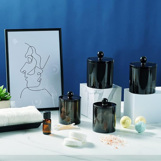 SheeChung 4 Pack Black Qtip Holder,Acrylic Apothecary Jars with Lids | (2) 12oz & (2) 10oz Q Tip Holder - Shatterproof Bathroom Vanity Organizer for Cotton Swabs, Balls, Pads, Floss Picks