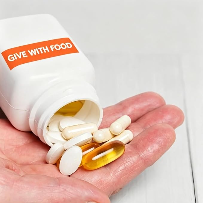 300PCS Give with Food Medication Instruction Labels, Color-Coded Self-Adhesive Veterinary Pharmacy Stickers for Medical Containers, Drugstore & Hospital Organization, 1.6 x 0.4 inch