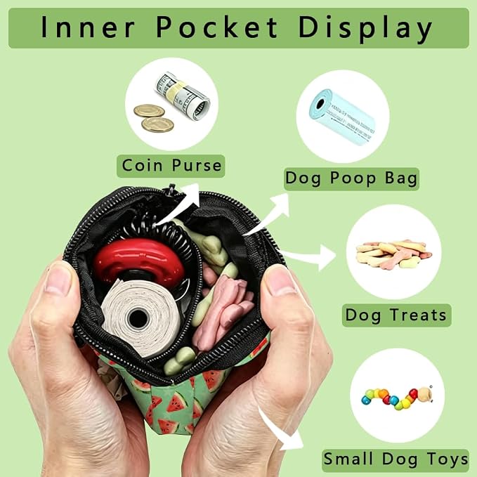 Pet Treat Pouch 5.12 x 4.72 Inch Treat Pouch for Dog Training Watermelons Pattern Polyester Portable Snack Reward Dog Food Dispensers with 1 Roll Garbage Bags for Traveling Outdoor Use