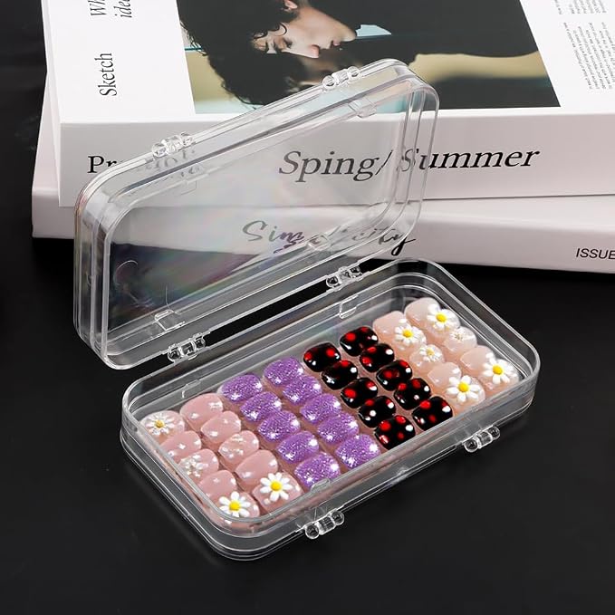 Tri-Fold Press on Nail Storage Box, Clear Organizer with Adhesive Tape | 4-Page design with 30 double sided tape sheets, PET plastic, travel portable case for fake nail art storage display