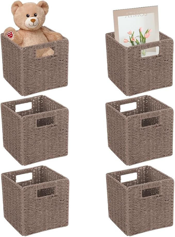 6 Pack 8.7 Inch Wicker Baskets | Hand Paper Rope, Storage Baskets,Foldable Cube Storage Bins Organizer Square Wicker Cubes for Shelves(Brown)