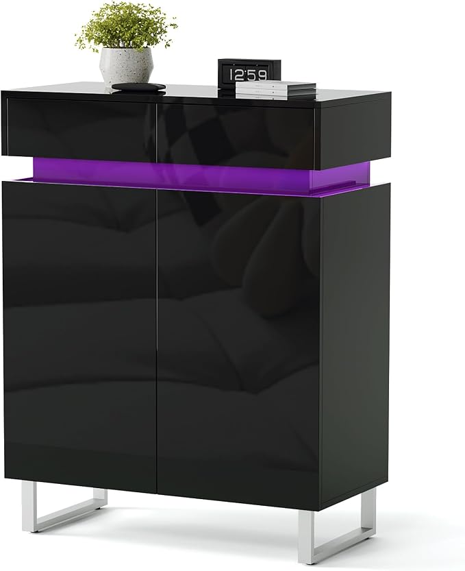VINGLI Black Shoe Cabinet with LED Lights, Modern High Gloss Entryway Shoe Storage Organizer with Drawers & Adjustable Shelves, Freestanding Hidden Shoe Rack for Hallway, 30.7" W