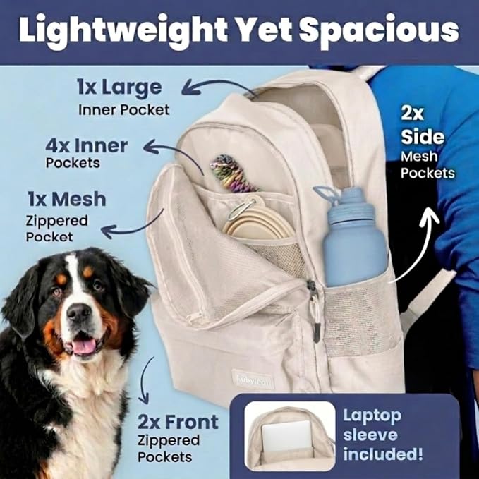 Dog Travel Backpack for Supplies - Dog Diaper Bag with Travel Bowls | 2 BPA-Free Bowls; Food Container & Treat Pouch; Placemat; Laptop Sleeve; Poop Bag Dispenser, Hiking, Camping & Road Trips,