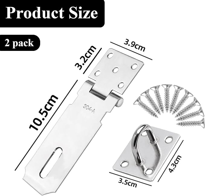 2 Pack Stainless Steel Padlock Hasp, 4 Inch Security Lock Latch, Heavy Duty Gate Staple for External Doors, Shed Door, Fence, Window, Cabinet, Pet Cage, Crate, Silver