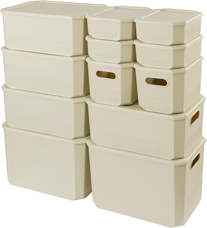 ANMINY Plastic Storage Bins Baskets with Lids, 12-Pack, 2XL+4L+2M+4S | Large Plastic Bins, Sturdy PET, with Handles, Stackable, Opaque Storage Boxes, for Closet Shelves Desk, Ivory Lids