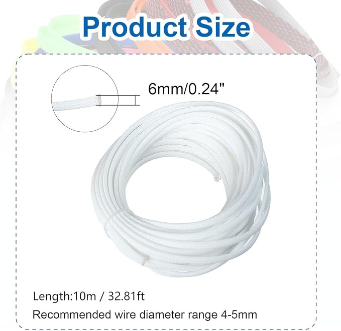 Heyiarbeit 10m/32.8ft PET Expandable Braid Cable Sleeving Flexible Wire Mesh Sleeve White 6mm