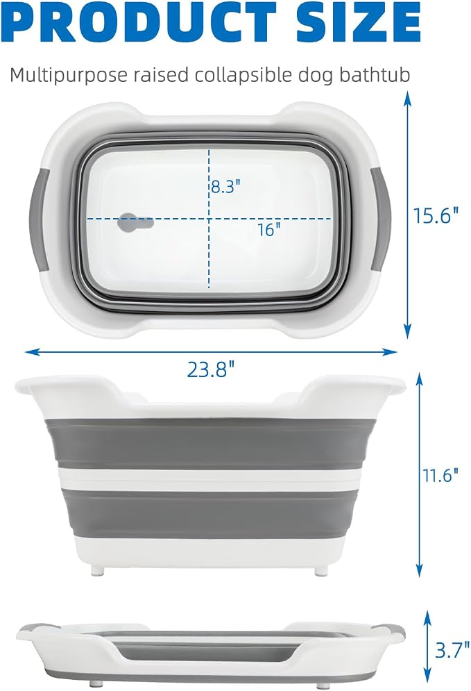 Collapsible Dog Bathtub, 7.1 Gal / 27 L Pet Bath Tub, Puppies Cats | 23.8 x 15.6 x 11.6 in Size, Folds to 3.34 in, Drain Plug with Hair Collector, Non-Slip Feet, TPE/PP Tub, Under 30 lb Pets