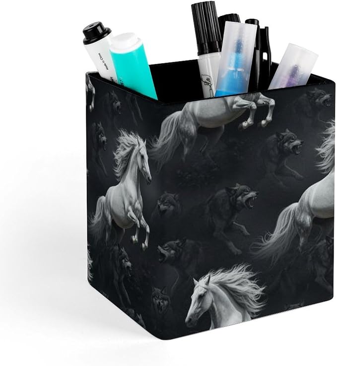 Pen Pencil Holder for Men Women, Pu Leather Square Pencil Organizer Case Dark White Running Wild Horse Wolves Black Makeup Brush Holder Office Supplies