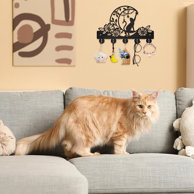 MAYJOYDIY Cat Moon Flower Coat Rack Wall Mount Black Animal Wood Key Hanger | 11.8×7.9In Wood Mounted Hanger, Full Screw Anchor Spacer Screwdriver Kit, Sturdy 5 Alloy Hooks, Decorate Hallway Kitchen Wall