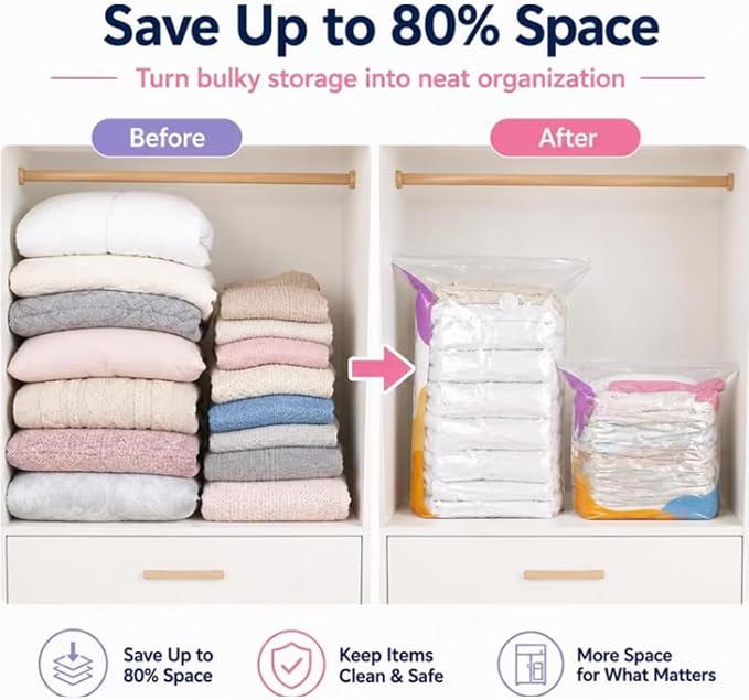 No Pump Vacuum Storage Bags, Heavy Duty Space Saver Bags for Bulky Bedding and Clothes, Press and Seal Compression Bags, No Pump Needed For Dorm And Home Organizing & Packing